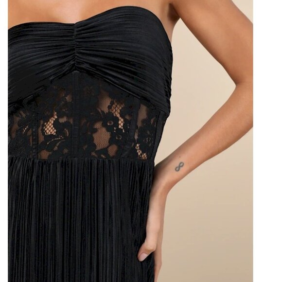 Lulus Desme Black Satin Plisse Strapless Maxi Dress Small New NWT - Picture 2 of 4